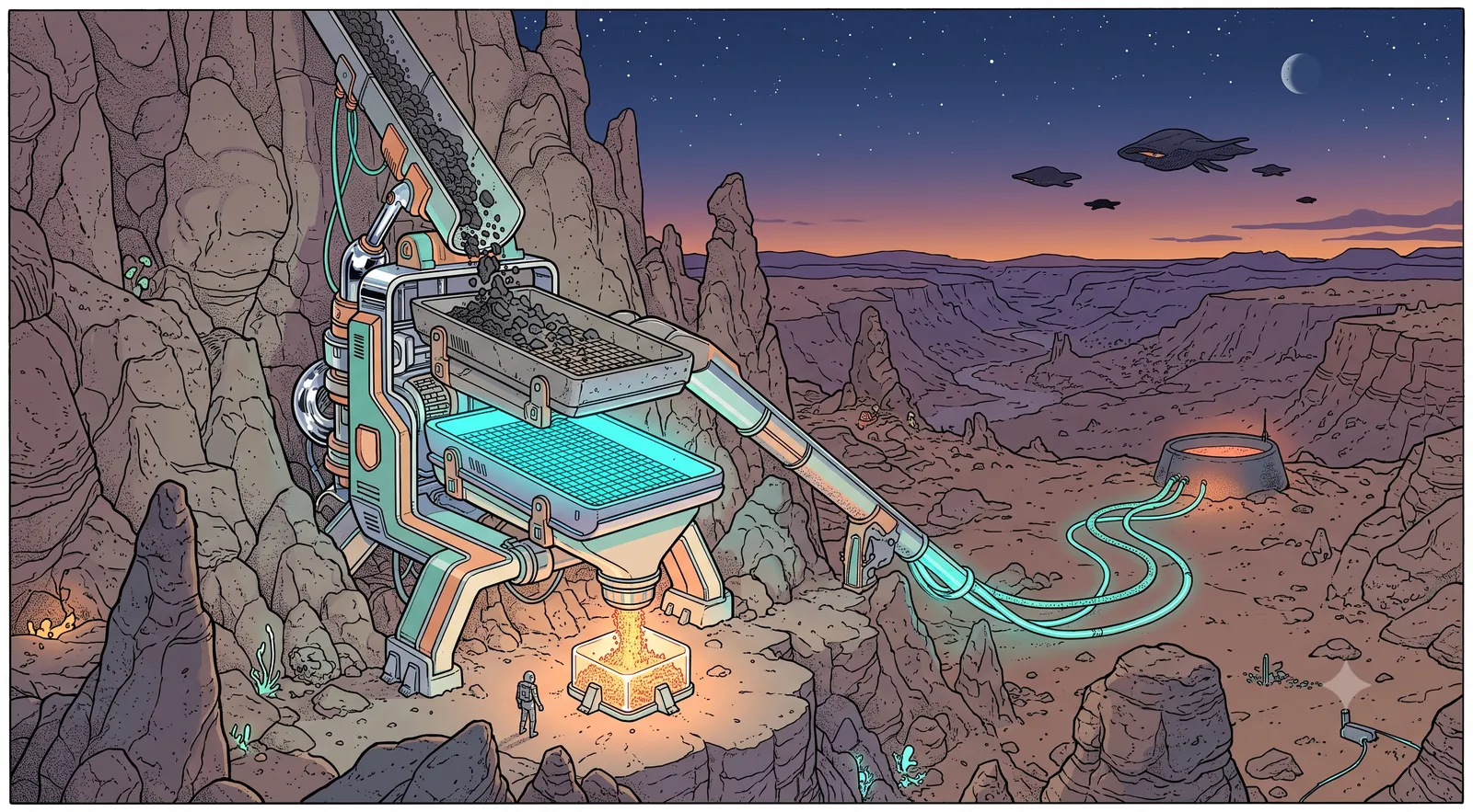 A retro-futuristic ore-sifting rig on an alien desert canyon at dusk, filtering raw rock through two glowing sieve trays into a small stream of refined ore, with leftover tailings routed to a distant holding structure