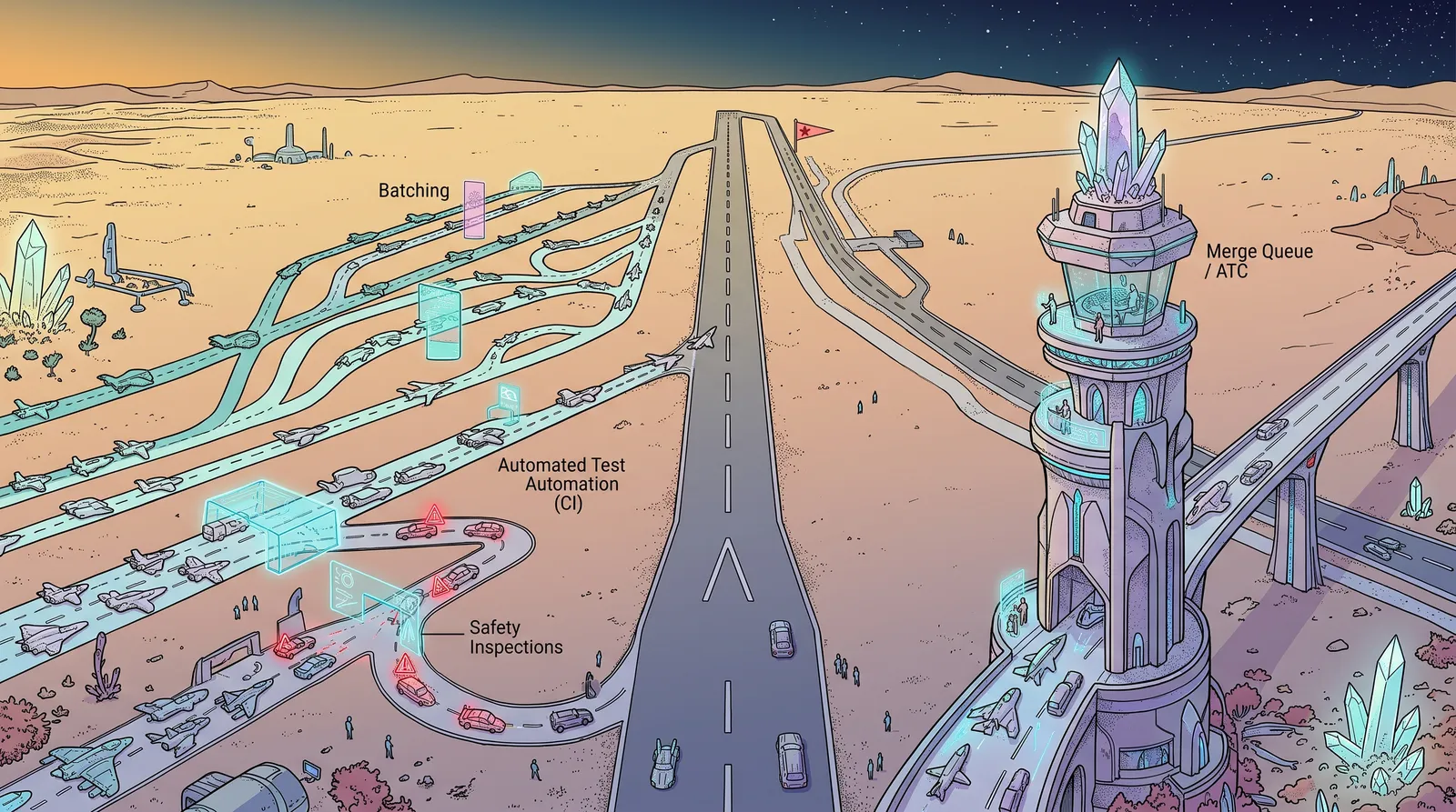 Retro-futuristic desert illustration of converging roads and flight paths leading to a crystal-topped control tower labeled Merge Queue, with branch lanes for batching, automated testing, and safety inspections before merging