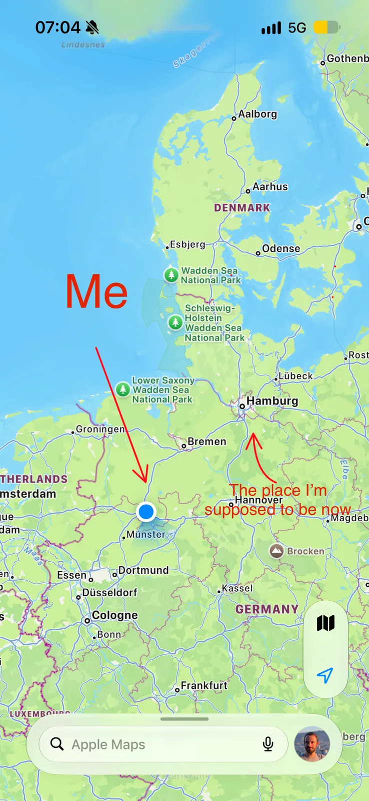 Map showing my location near Münster while I was supposed to be in Hamburg