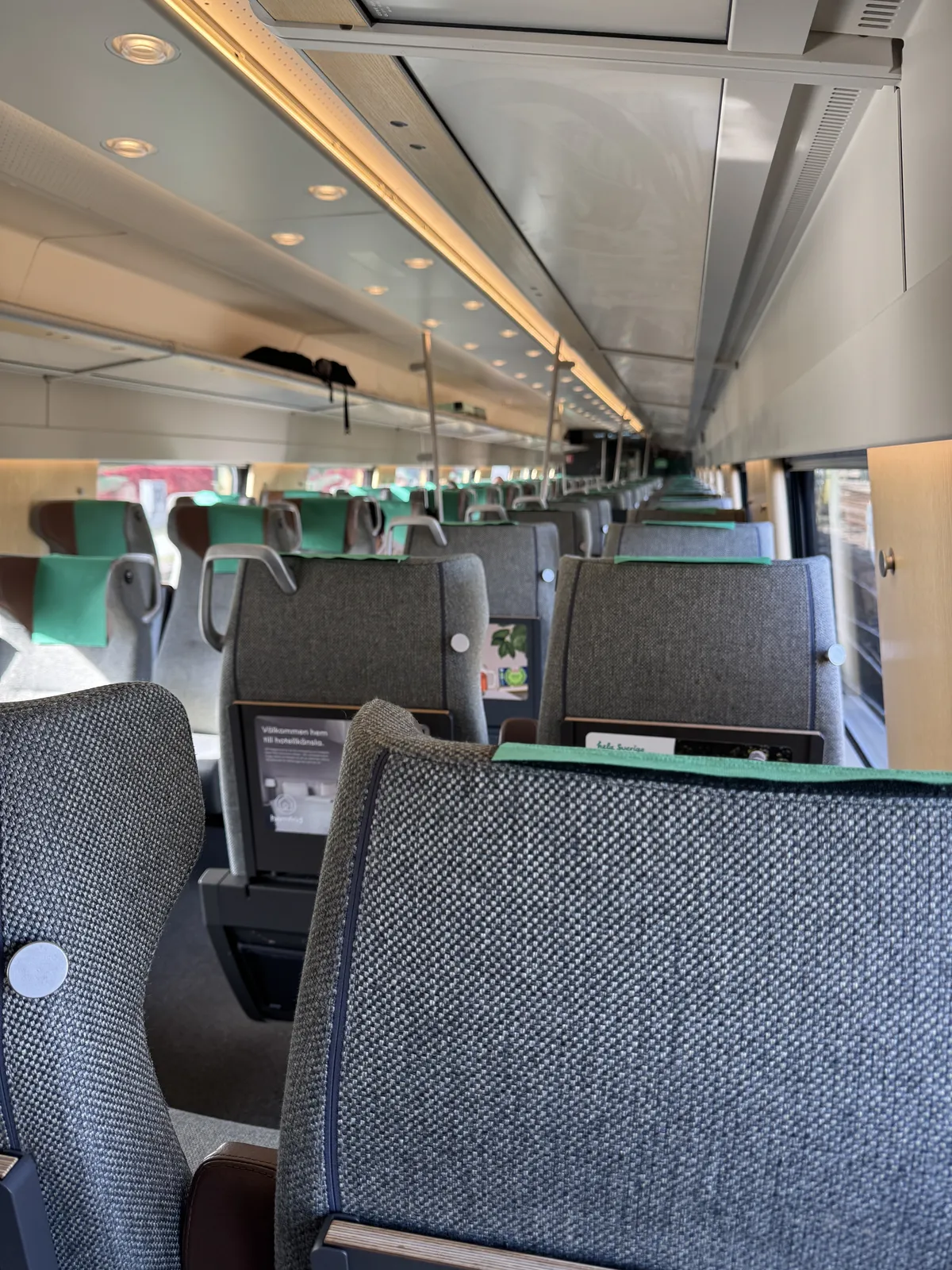 Rows of seats and luggage racks in a bright train carriage