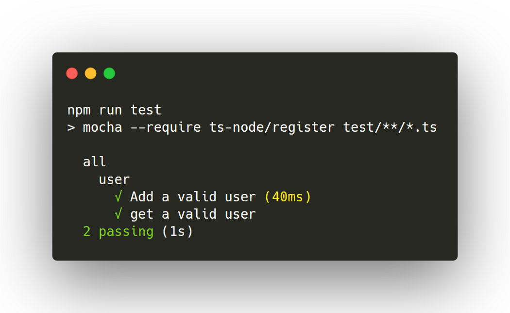 Terminal output showing all Mocha tests passing